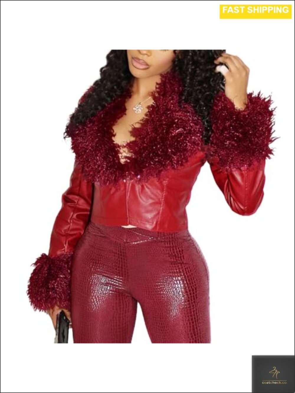 Faux Leather Cropped Moto Jacket Fur V Neck Buckle Fitted